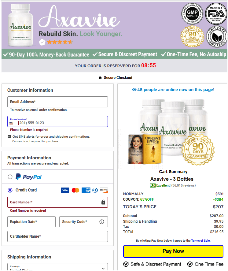 axavive checkout form